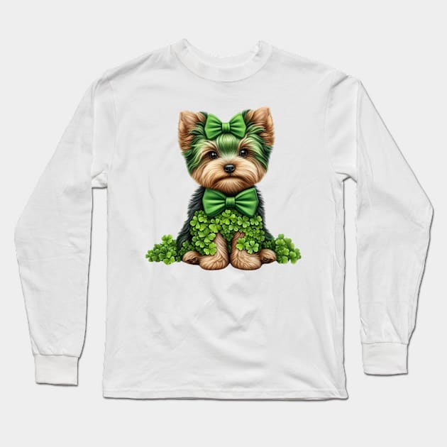 Clover Yorkshire Terrier Dog St Patricks Day Long Sleeve T-Shirt by Chromatic Fusion Studio